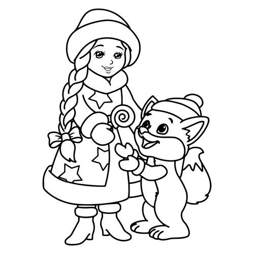 Snow Maiden with Fox Cub Coloring Page for Toddlers free printable Snow Maiden Coloring Pages coloring page