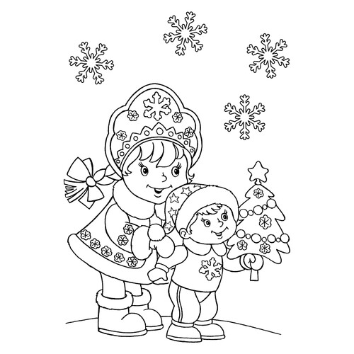 Snegurochka (Snow Maiden) with Little Boy Coloring Page free printable Snow Maiden Coloring Pages coloring page