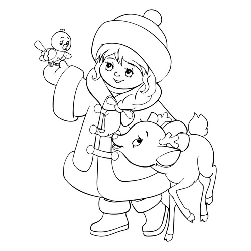 Snow Maiden Coloring Page with Fawn and Bird free printable Snow Maiden Coloring Pages coloring page