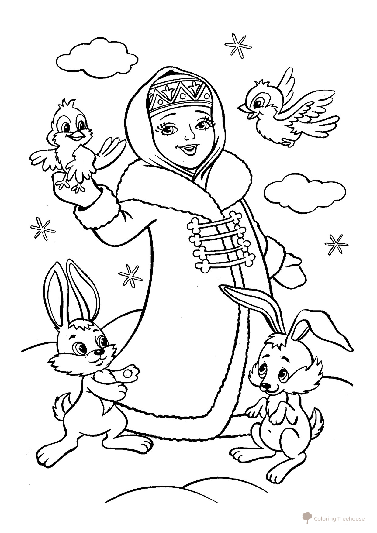 Snow Maiden Coloring Page with Birds and Bunnies free printable Snow Maiden Coloring Pages coloring page