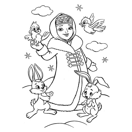 Snow Maiden Coloring Page with Birds and Bunnies free printable Snow Maiden Coloring Pages coloring page