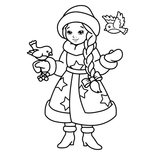Snegurochka (Snow Maiden) Coloring Page with Rowan Branch and Birds free printable Snow Maiden Coloring Pages coloring page