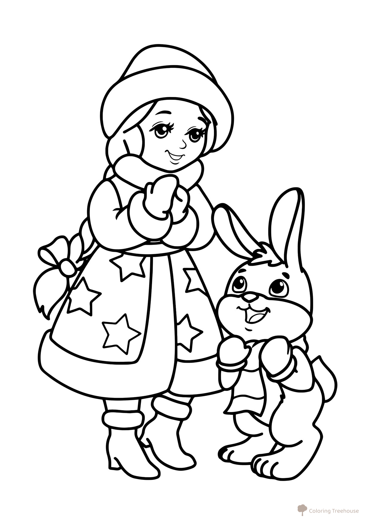 Páginas para colorear: Snegurochka con un conejito para los más pequeños dibujo para colorear gratis de Páginas para colorear de Snegurochka