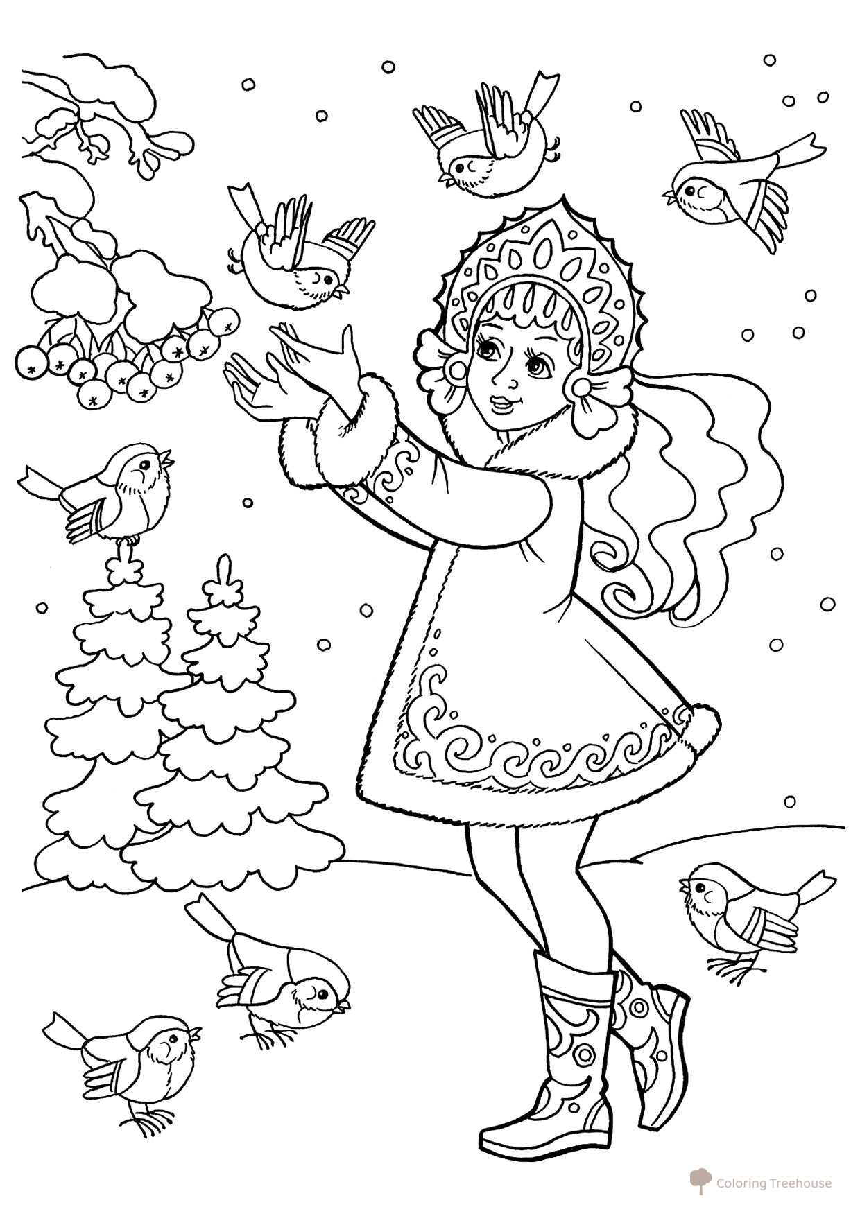 Dibujo para colorear: Snegúrochka alimenta a los pájaros en el bosque dibujo para colorear gratis de Páginas para colorear de Snegurochka