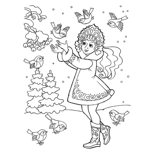 Coloring Page — Snow Maiden (Snegurochka) Feeds Birds in the Forest free printable Snow Maiden Coloring Pages coloring page
