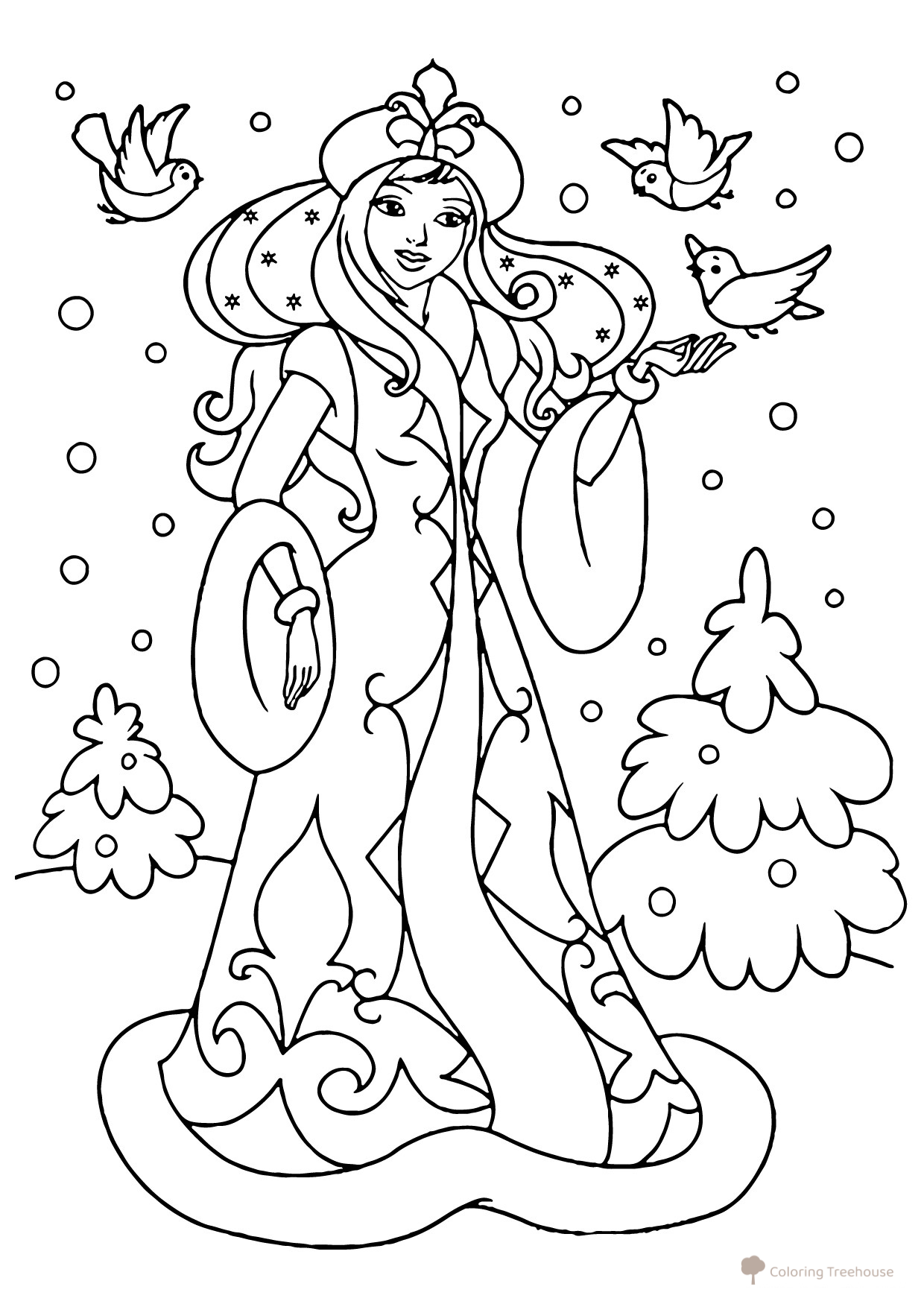 Página para colorear: Snegúrochka en el bosque con pajaritos dibujo para colorear gratis de Páginas para colorear de Snegurochka