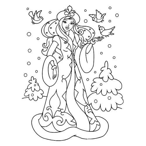 Snow Maiden (Snegurochka) in the Forest with Birds Coloring Page free printable Snow Maiden Coloring Pages coloring page
