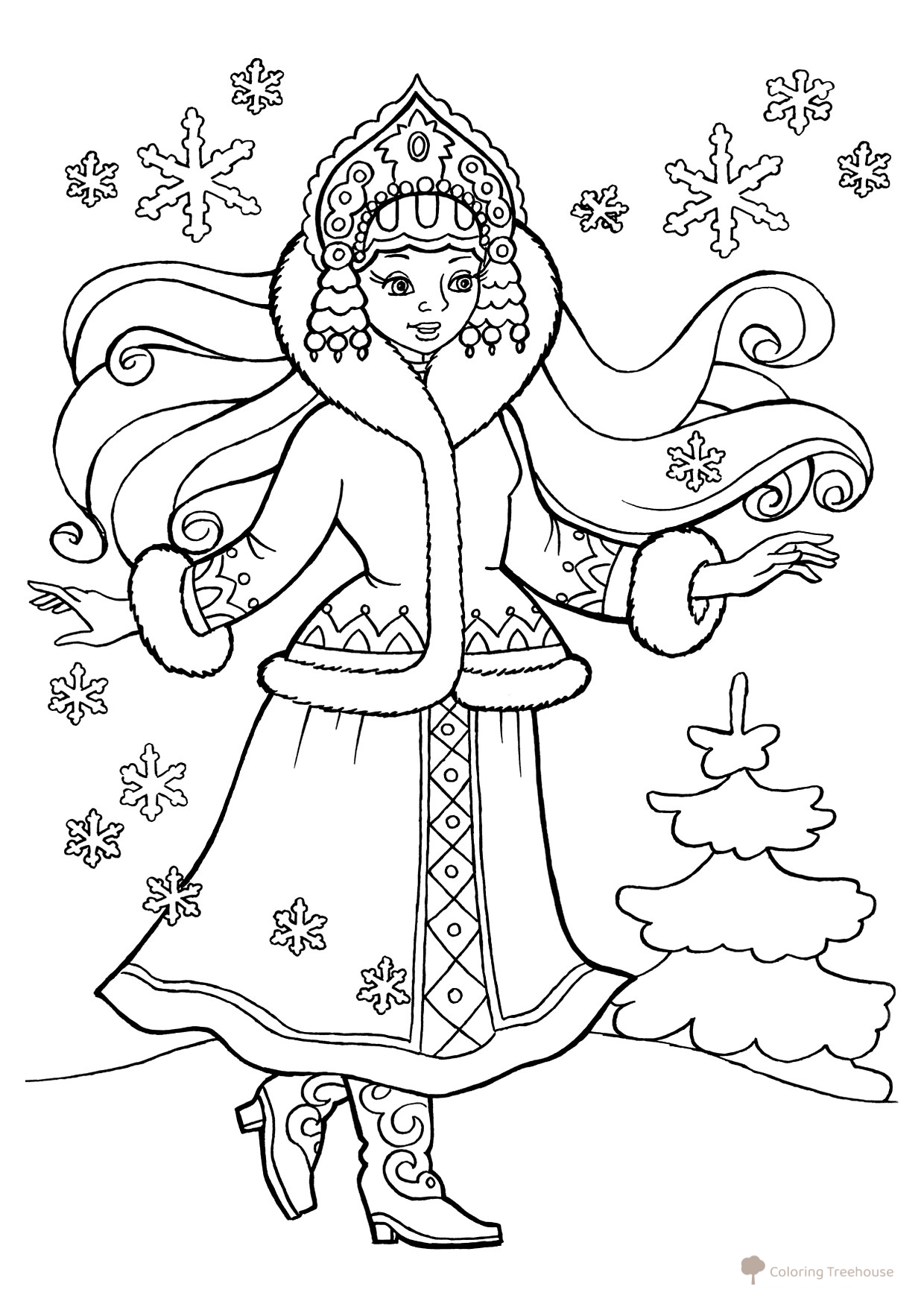 Página para colorear: Snegúrochka en el bosque invernal dibujo para colorear gratis de Páginas para colorear de Snegurochka