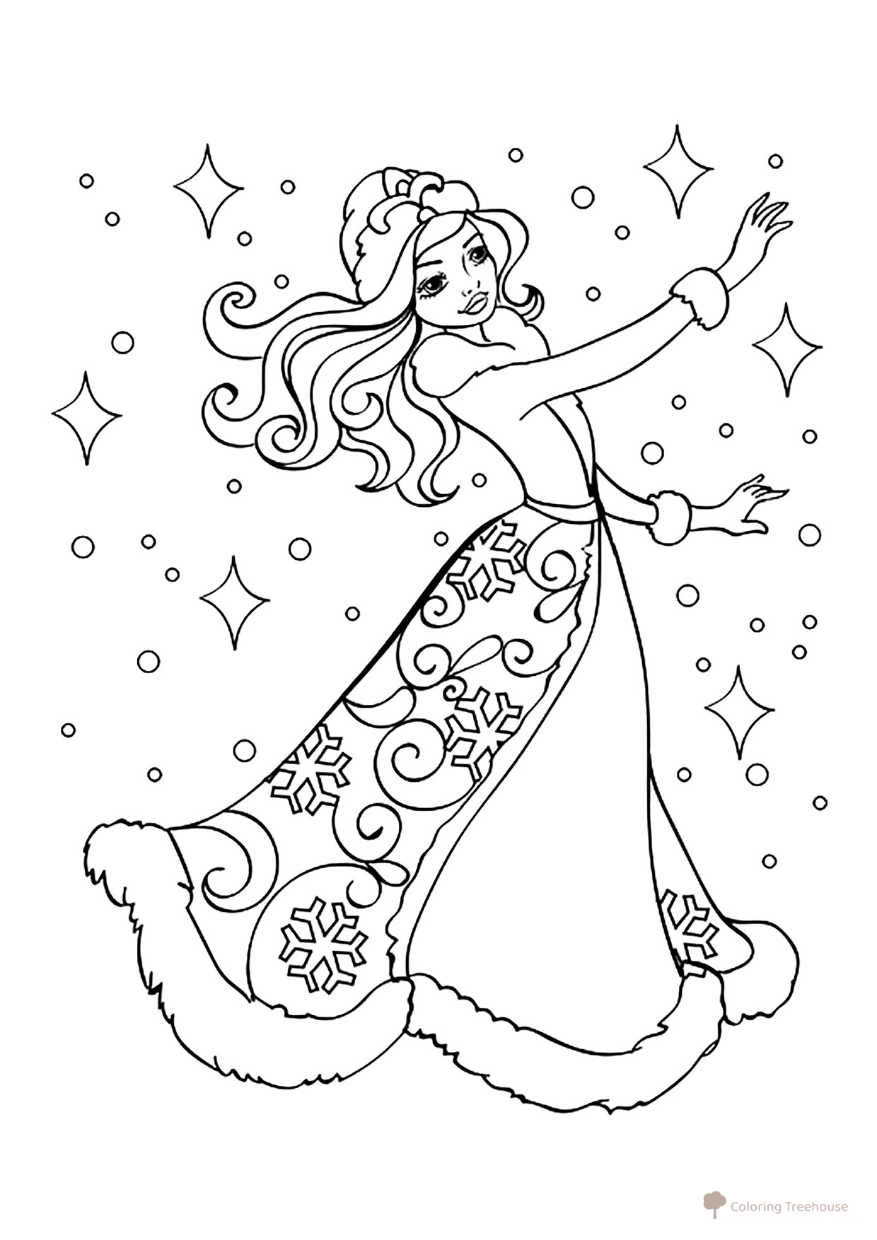 Página para colorear: Snegurochka en un abrigo de invierno dibujo para colorear gratis de Páginas para colorear de Snegurochka