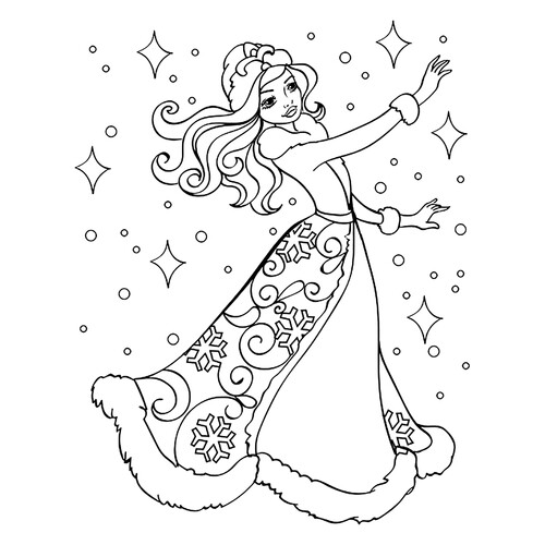 Snegurochka in a Winter Fur Coat Coloring Page free printable Snow Maiden Coloring Pages coloring page