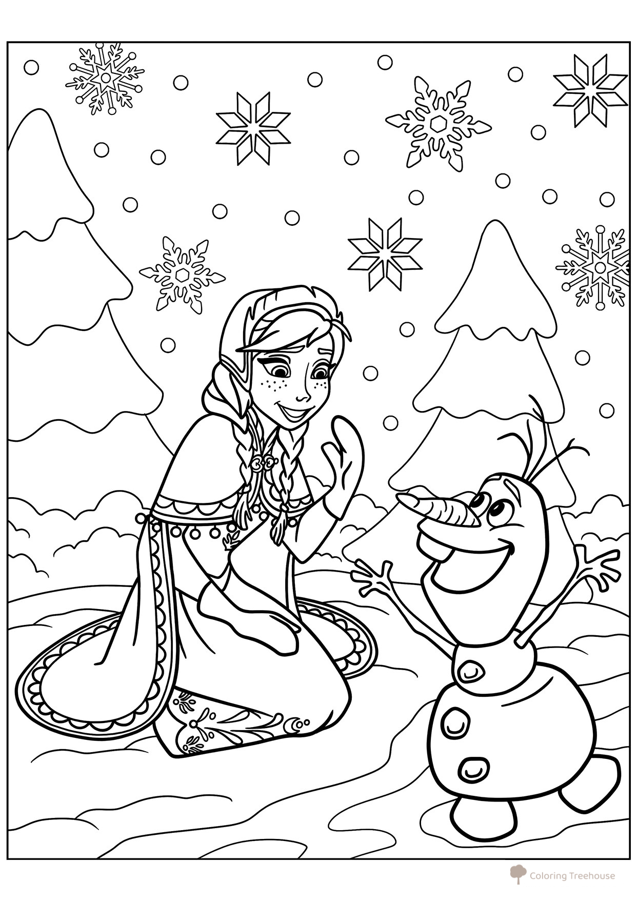 Anna and Olaf Snowball Fight Coloring Page free printable Anna Coloring Pages from Frozen coloring page