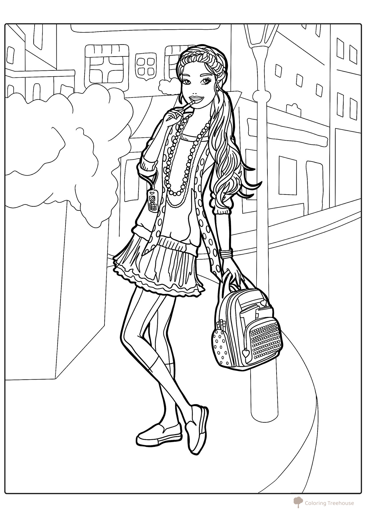 Página para colorear «Barbie con mochila» dibujo para colorear gratis de Barbie Coloring Pages for Girls