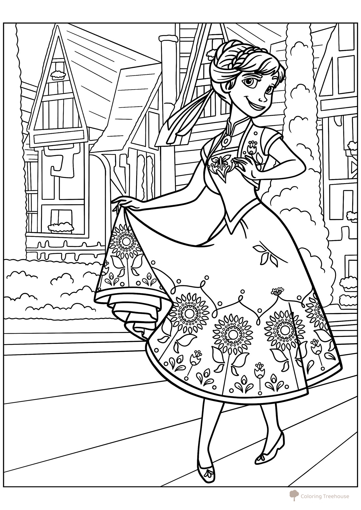 Anna in a Summer Dress Coloring Page — City Scene free printable Anna Coloring Pages from Frozen coloring page