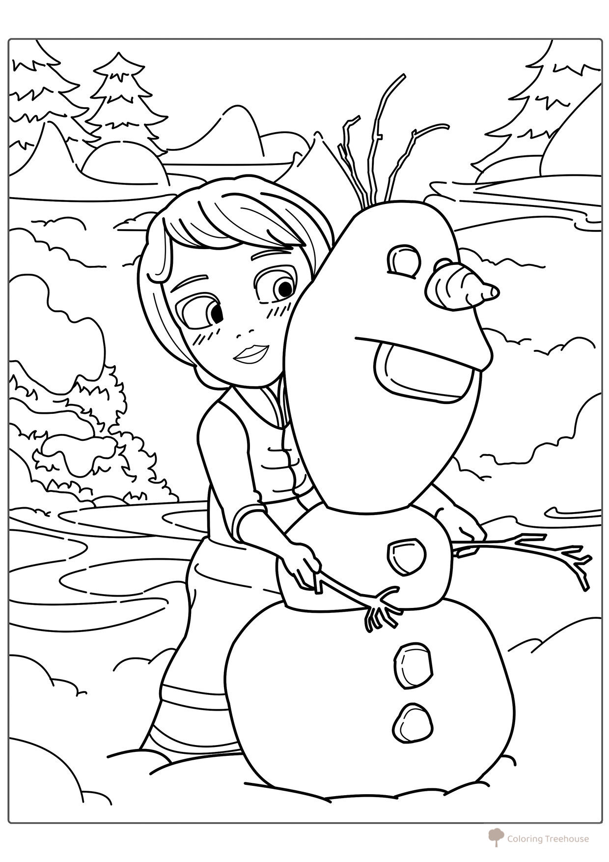 Dibujo para colorear: La niña Elsa hace un muñeco de nieve dibujo para colorear gratis de Páginas para colorear de Elsa (Frozen)