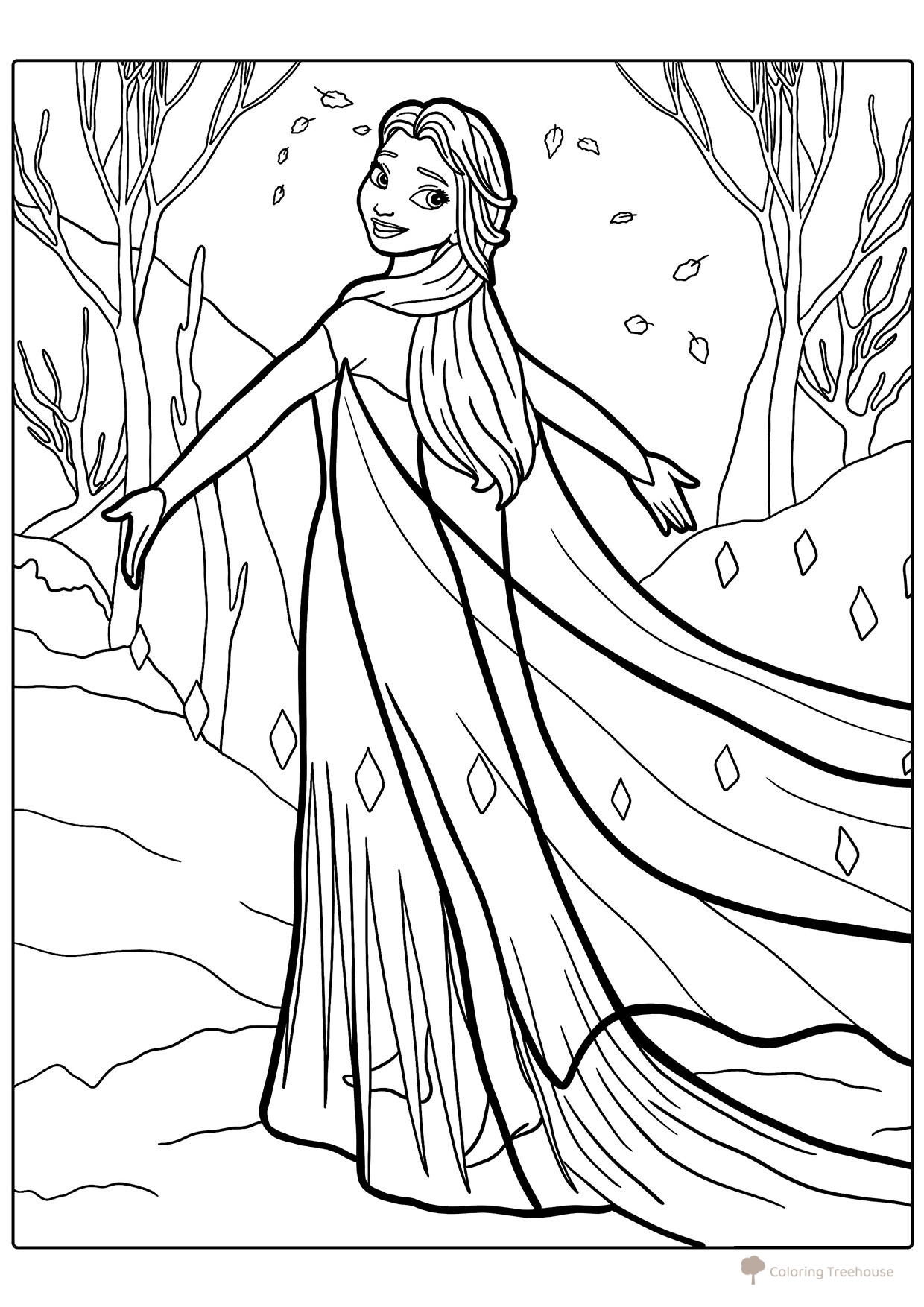 Página para colorear: Elsa con vestido largo dibujo para colorear gratis de Páginas para colorear de Elsa (Frozen)
