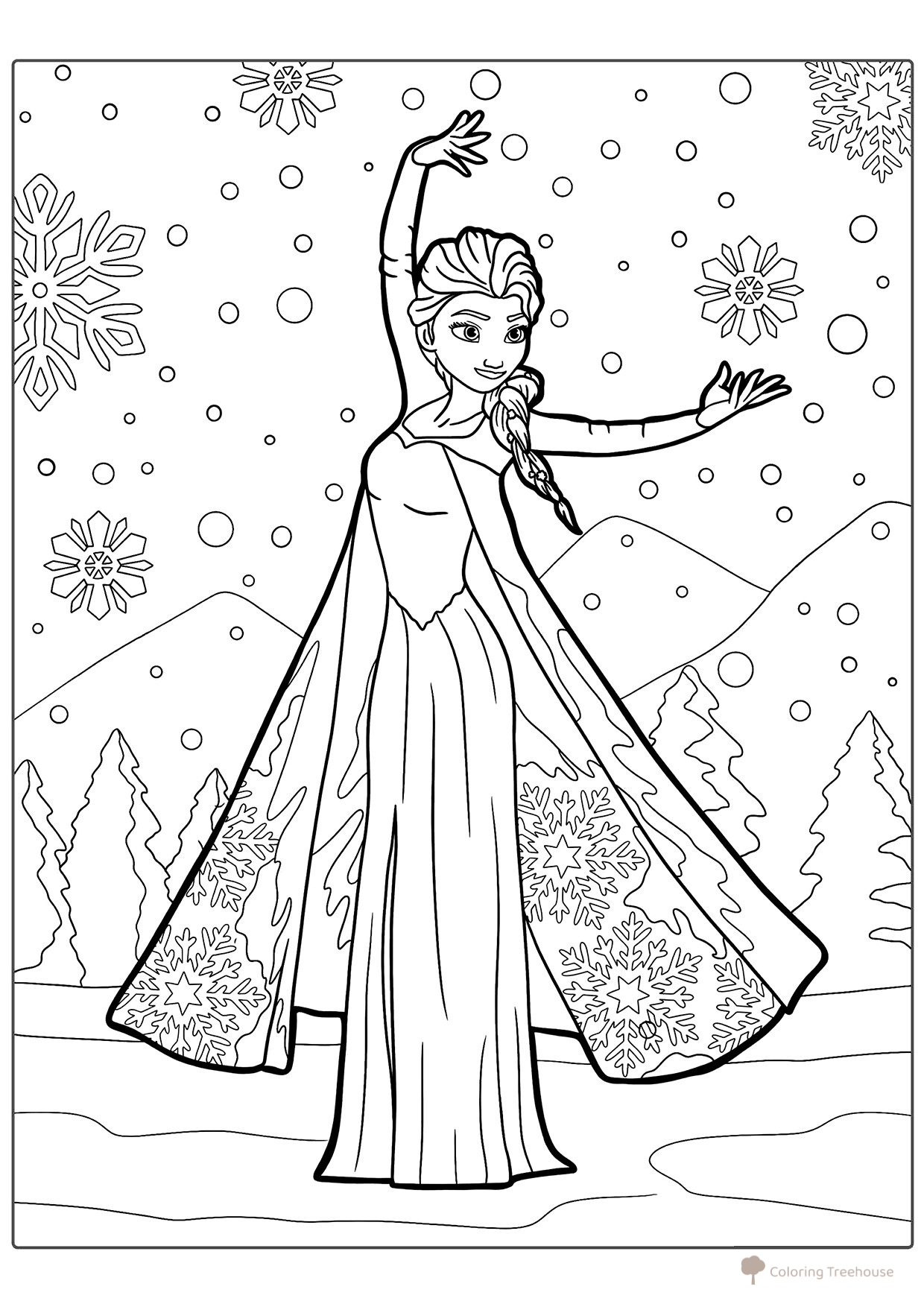 Dibujo para colorear: Elsa en las montañas nevadas dibujo para colorear gratis de Páginas para colorear de Elsa (Frozen)