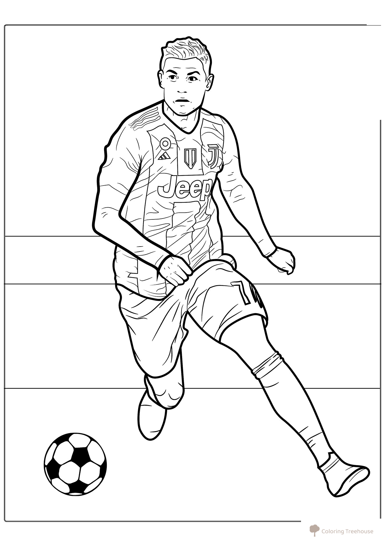 Página para colorear «Cristiano Ronaldo corriendo con el balón» dibujo para colorear gratis de Páginas para colorear de Cristiano Ronaldo