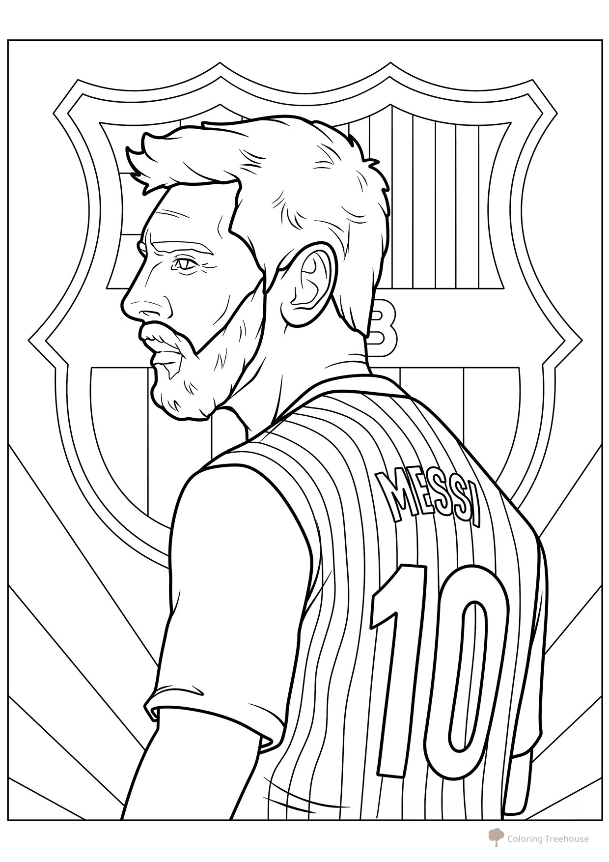 Página para colorear «Lionel Messi sobre el fondo de un emblema» dibujo para colorear gratis de Páginas para colorear de Lionel Messi