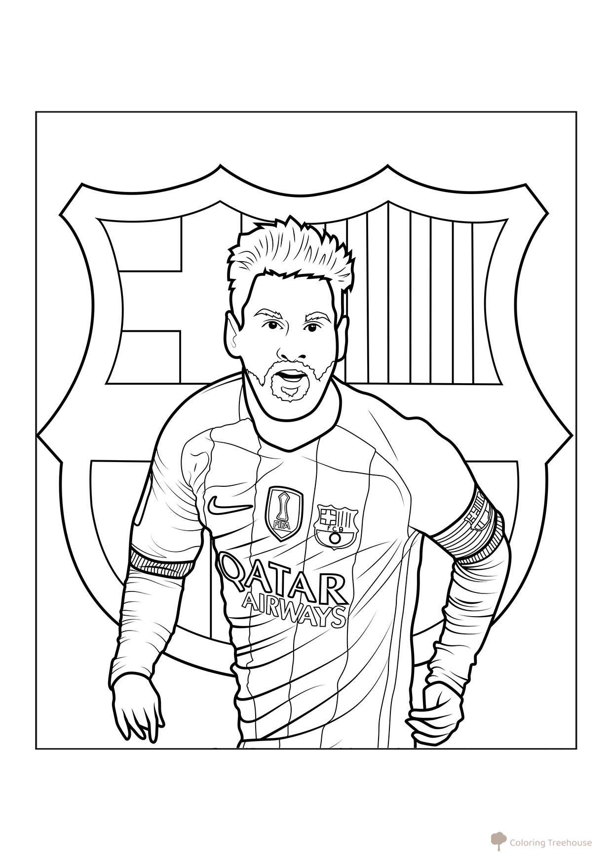 Lionel Messi Coloring Page with Barcelona Emblem free printable Lionel Messi Coloring Pages coloring page