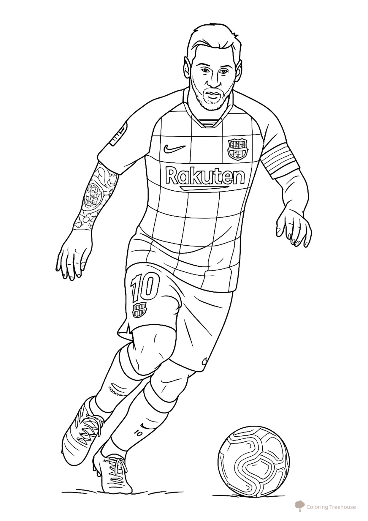 Página para colorear «Messi en el campo con el balón» dibujo para colorear gratis de Páginas para colorear de Lionel Messi