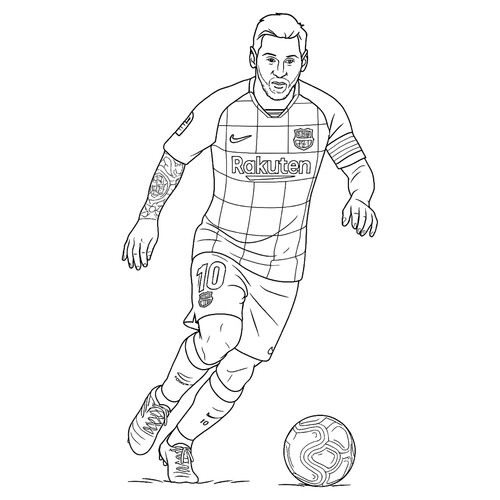 Página para colorear «Messi en el campo con el balón» dibujo para colorear gratis de Páginas para colorear de Lionel Messi