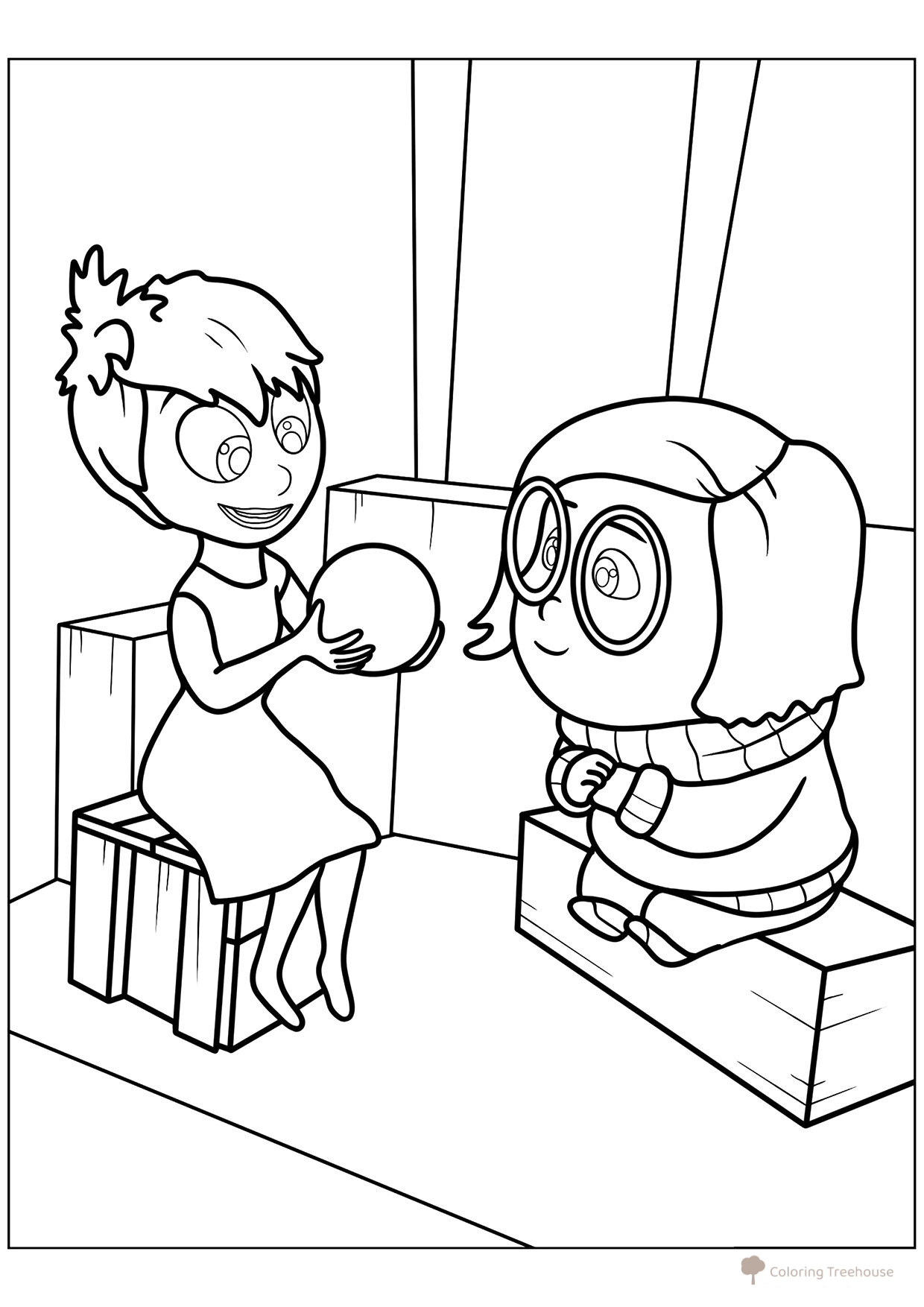 Página para colorear «Alegría con el globo de los recuerdos y Tristeza» dibujo para colorear gratis de Páginas para colorear de la película Inside Out 2