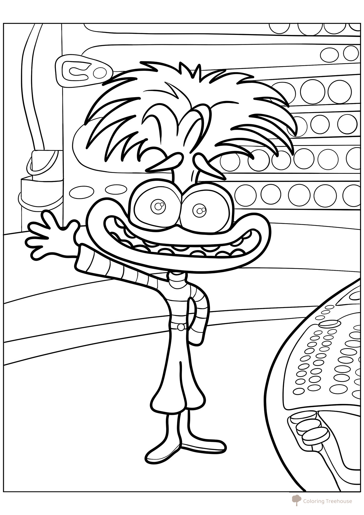 Página para colorear «Ansiedad junto al panel de control de las emociones» dibujo para colorear gratis de Páginas para colorear de la película Inside Out 2
