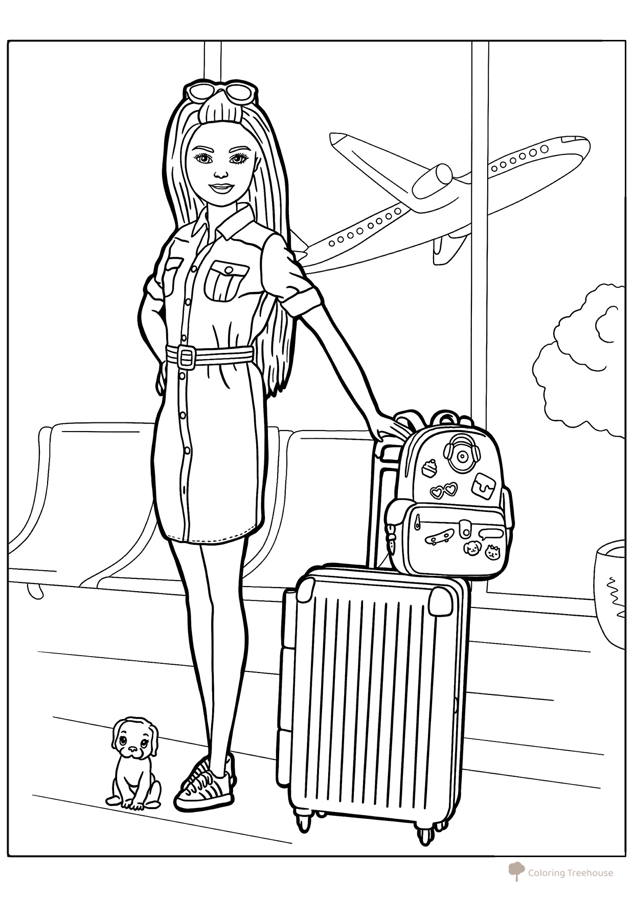 Página para colorear «Barbie en el aeropuerto» dibujo para colorear gratis de Barbie Coloring Pages for Girls