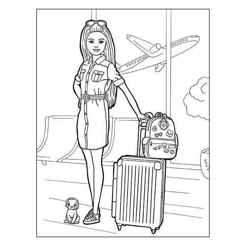 Página para colorear «Barbie en el aeropuerto» dibujo para colorear gratis de Barbie Coloring Pages for Girls