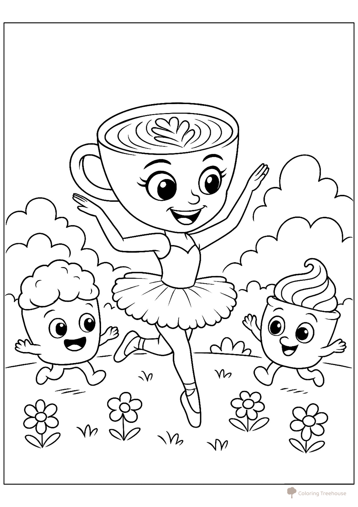 Dibujo para colorear: Bailarina Capuccino y tazas dibujo para colorear gratis de Páginas para colorear de la Balerina Capuchino