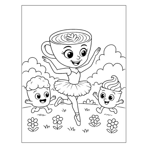 Dibujo para colorear: Bailarina Capuccino y tazas dibujo para colorear gratis de Páginas para colorear de la Balerina Capuchino