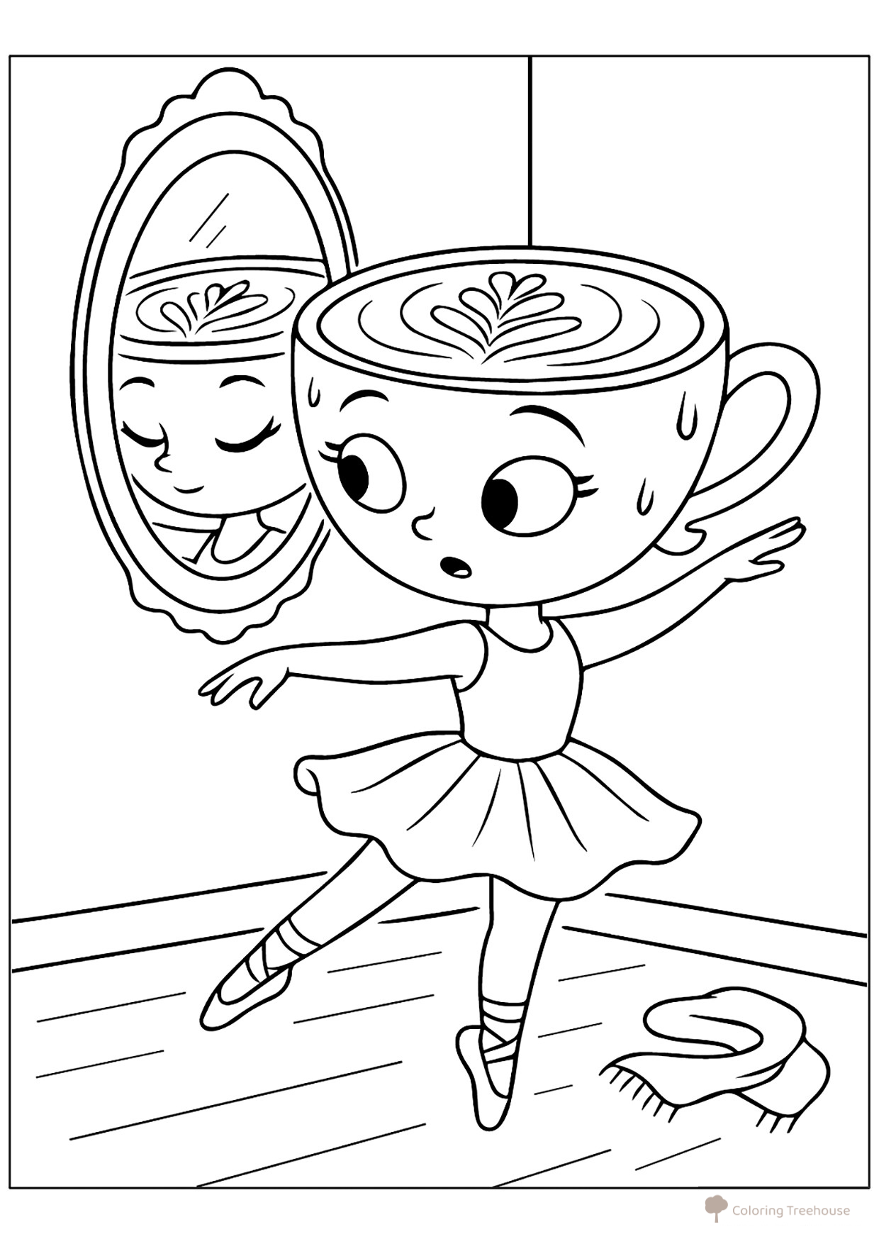 Páginas para colorear: «Bailarina Capuchino junto al espejo» dibujo para colorear gratis de Páginas para colorear de la Balerina Capuchino