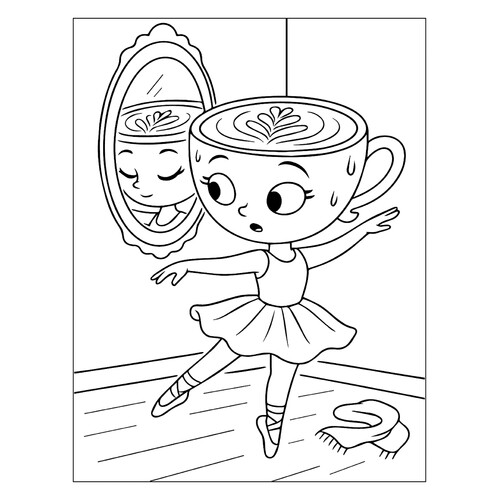 Páginas para colorear: «Bailarina Capuchino junto al espejo» dibujo para colorear gratis de Páginas para colorear de la Balerina Capuchino