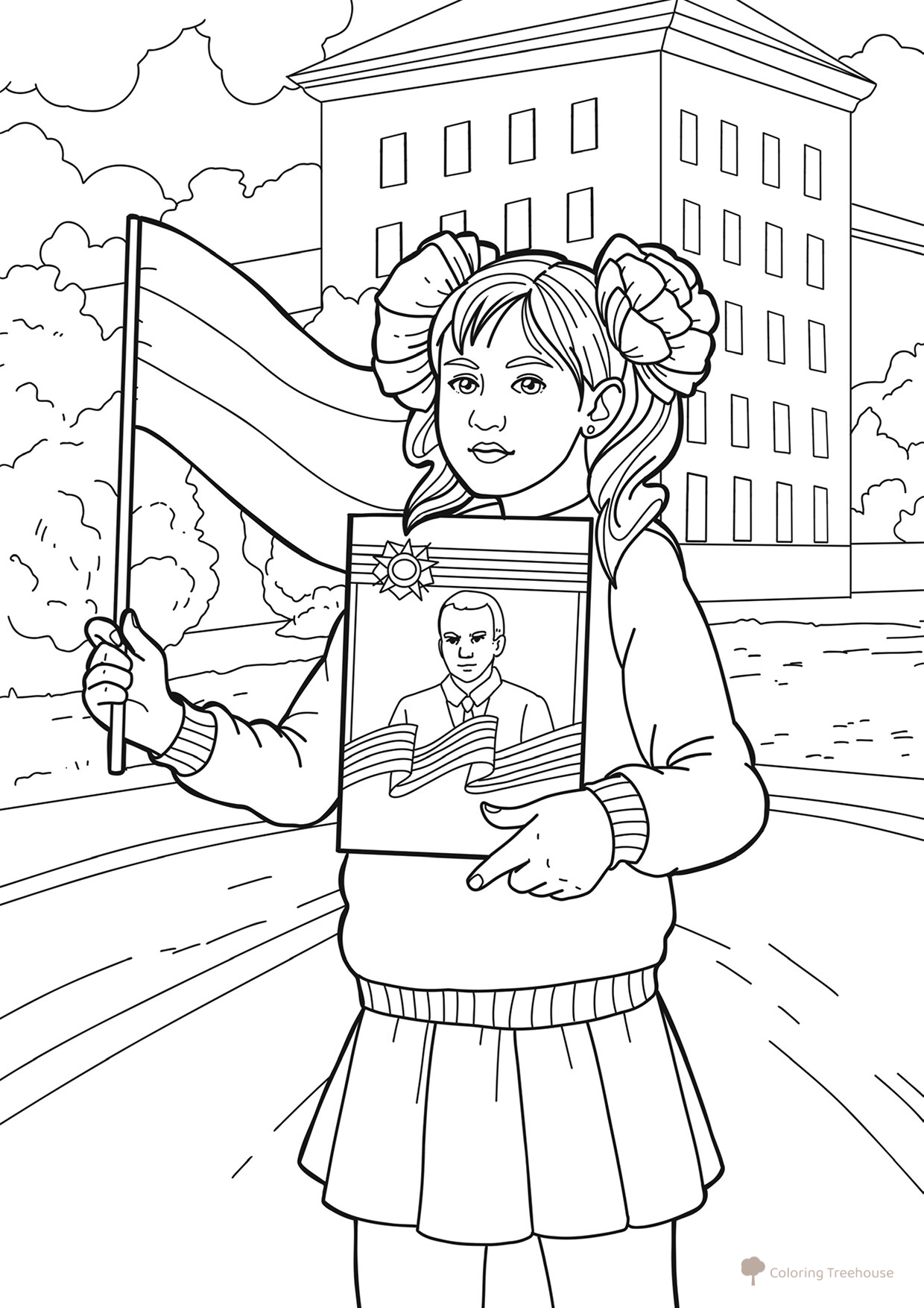 Girl with Flag for Victory Day Coloring Page free printable Victory Day Coloring Pages coloring page