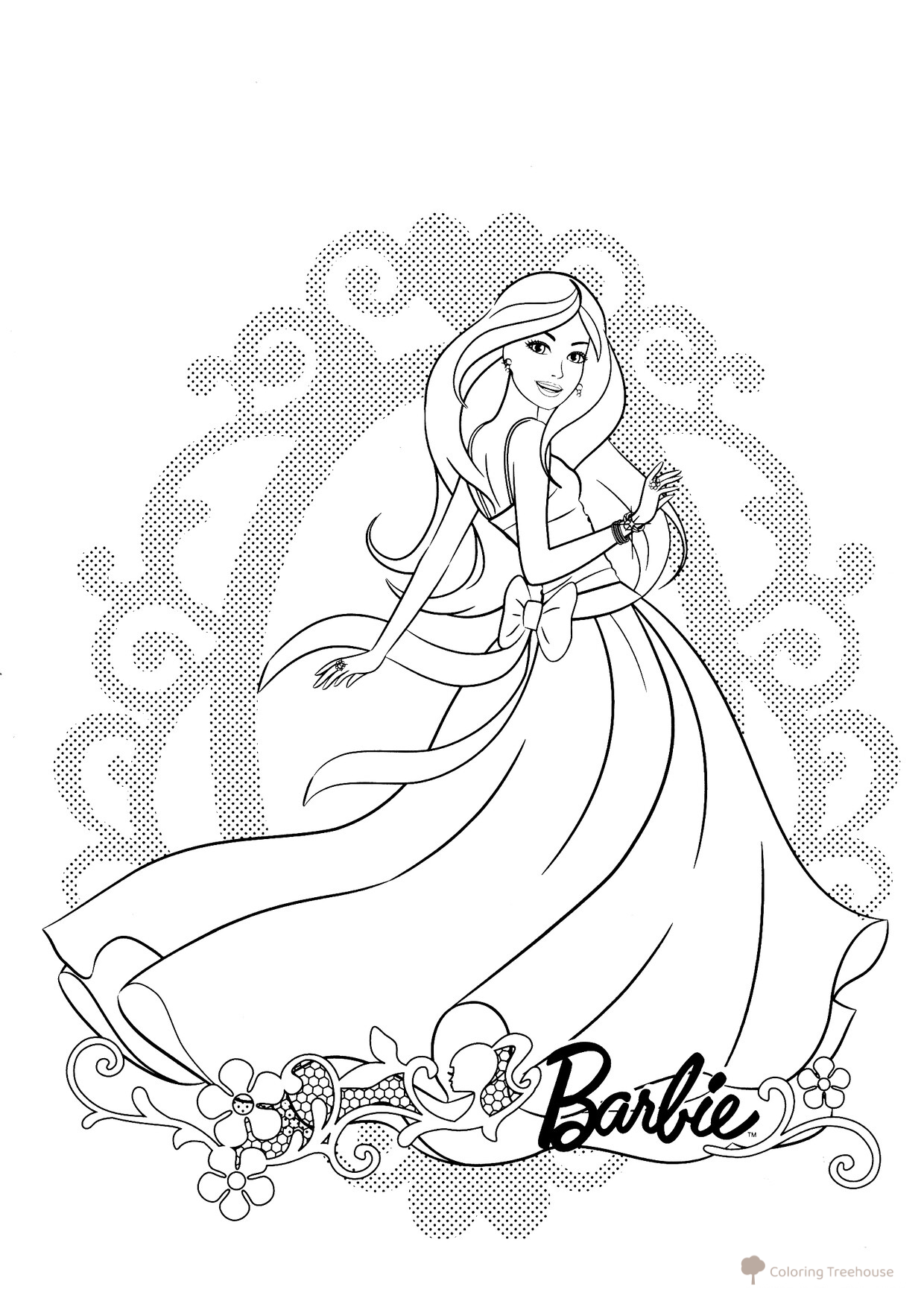 Barbie Coloring Page in a Beautiful Dress free printable Barbie Coloring Pages for Girls coloring page