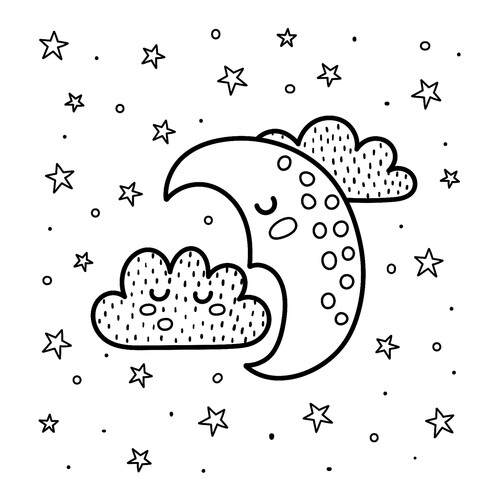 Luna duerme junto a la nubecita — página para colorear dibujo para colorear gratis de Páginas para colorear de la Luna
