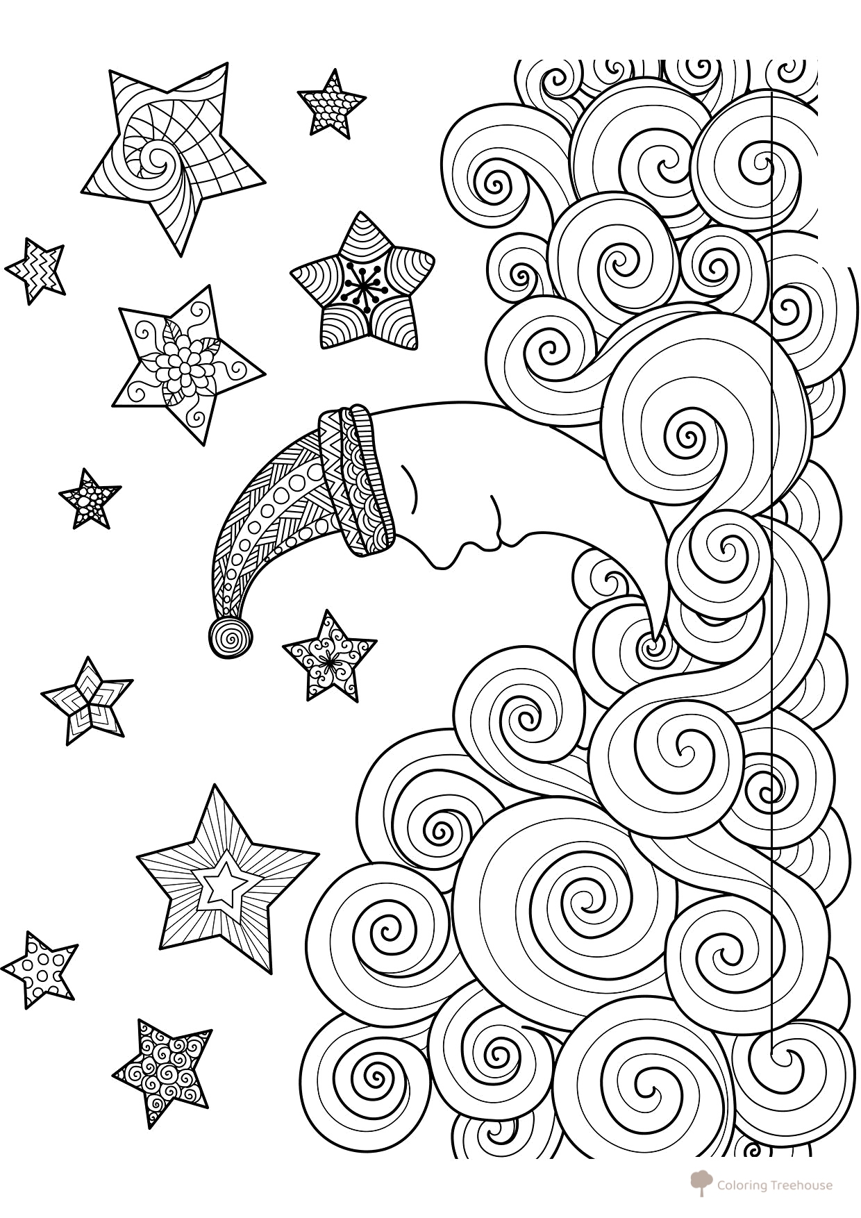 Página para colorear: La media luna duerme entre las estrellas dibujo para colorear gratis de Páginas para colorear de la Luna