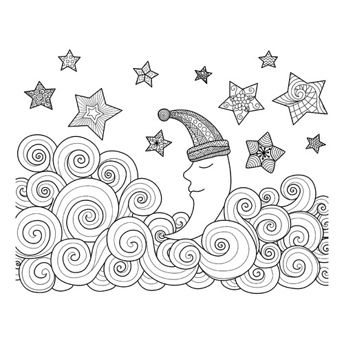 Página para colorear: La media luna duerme entre las estrellas dibujo para colorear gratis de Páginas para colorear de la Luna