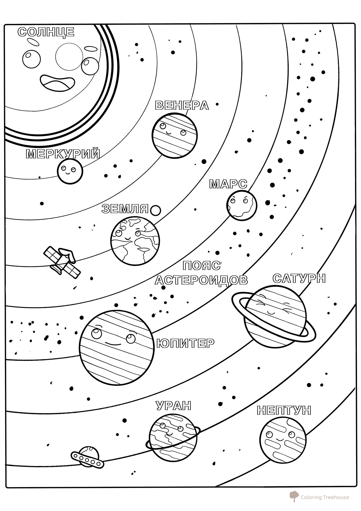 Página para colorear: Planetas sonrientes del sistema solar dibujo para colorear gratis de Páginas para colorear: planetas del Sistema Solar