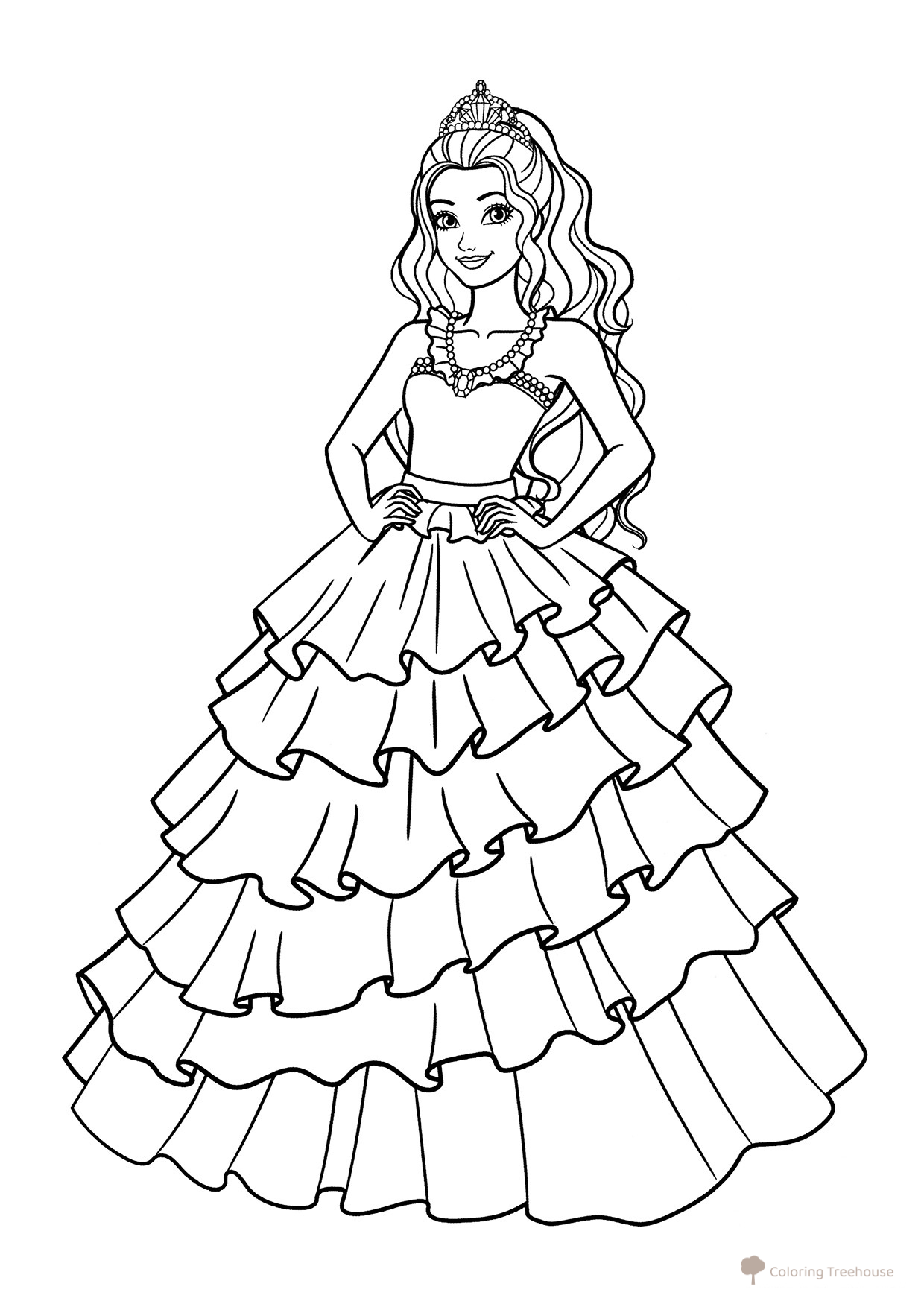 Barbie en un elegante vestido de gala - página para colorear dibujo para colorear gratis de Barbie Coloring Pages for Girls