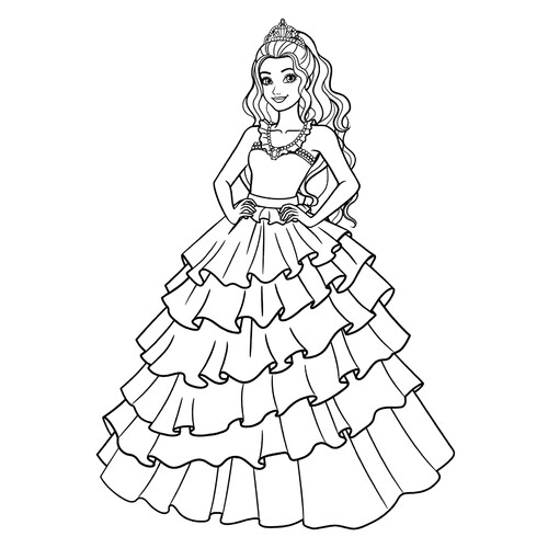 Barbie en un elegante vestido de gala - página para colorear dibujo para colorear gratis de Barbie Coloring Pages for Girls