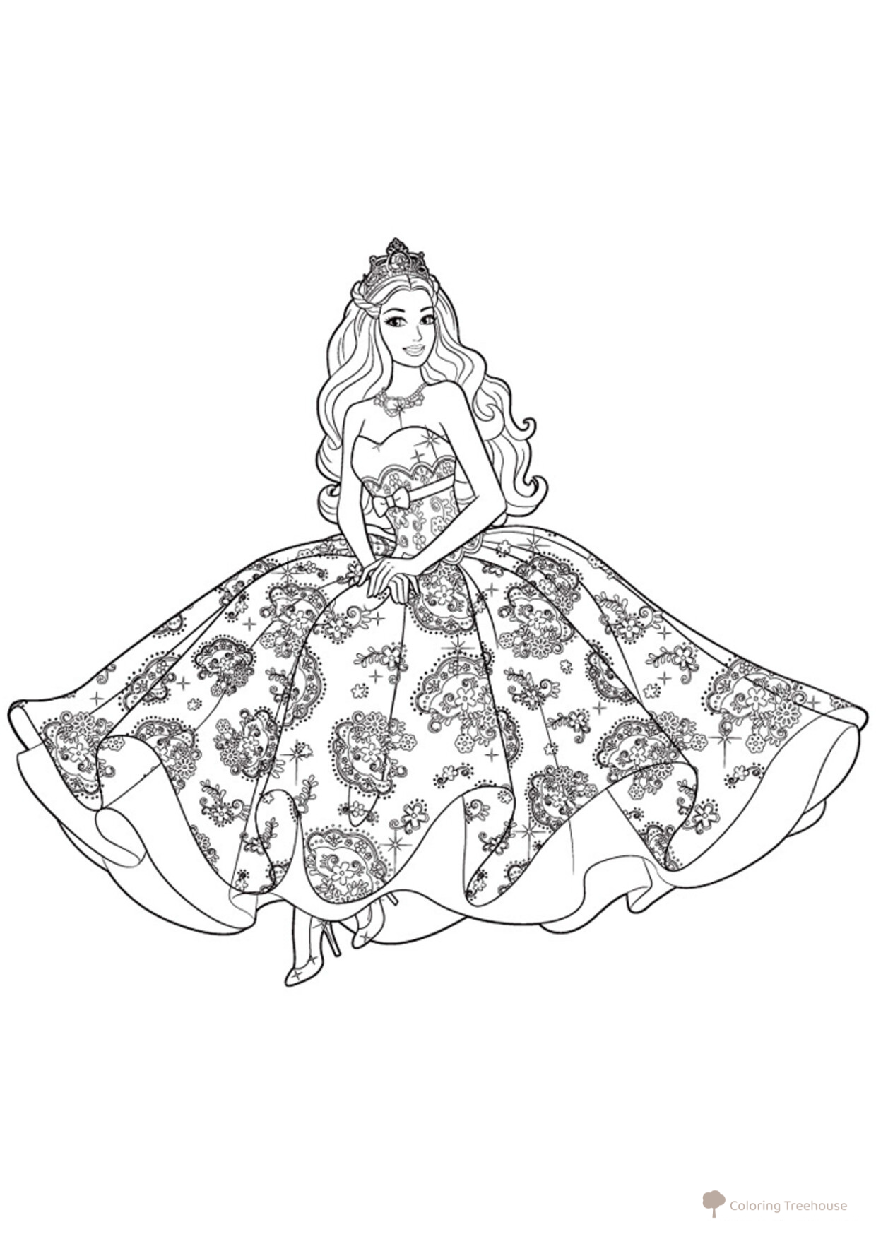 Barbie in a Flowing Dress Coloring Page free printable Barbie Coloring Pages for Girls coloring page