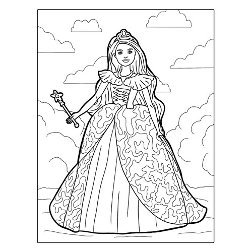Página para colorear: Barbie con vestido esponjoso y varita mágica dibujo para colorear gratis de Barbie Coloring Pages for Girls