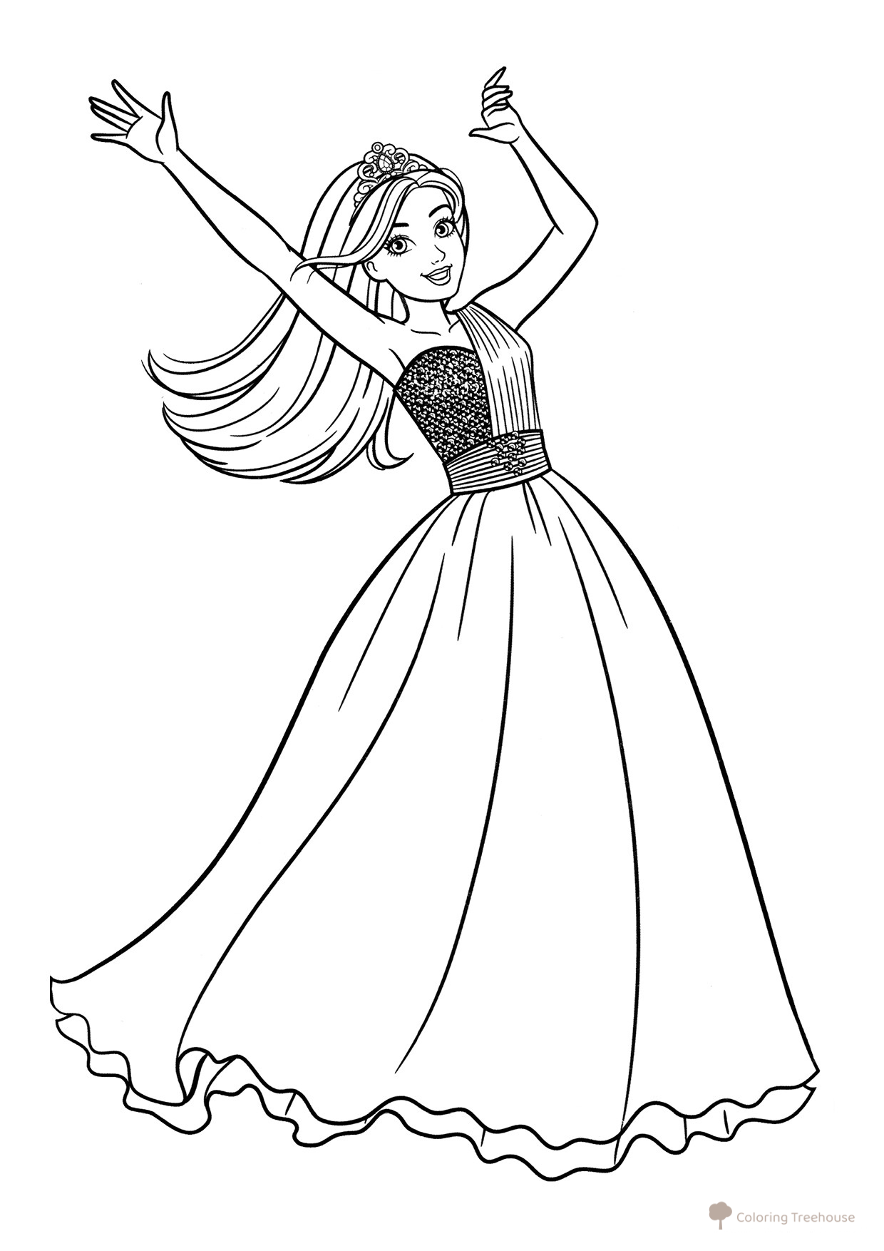 Página para colorear: Barbie con un lujoso vestido de gala dibujo para colorear gratis de Barbie Coloring Pages for Girls