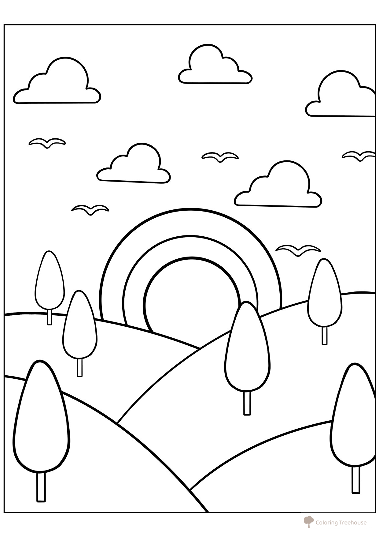 Página para colorear: El sol se eleva sobre el valle dibujo para colorear gratis de Páginas para colorear del sol