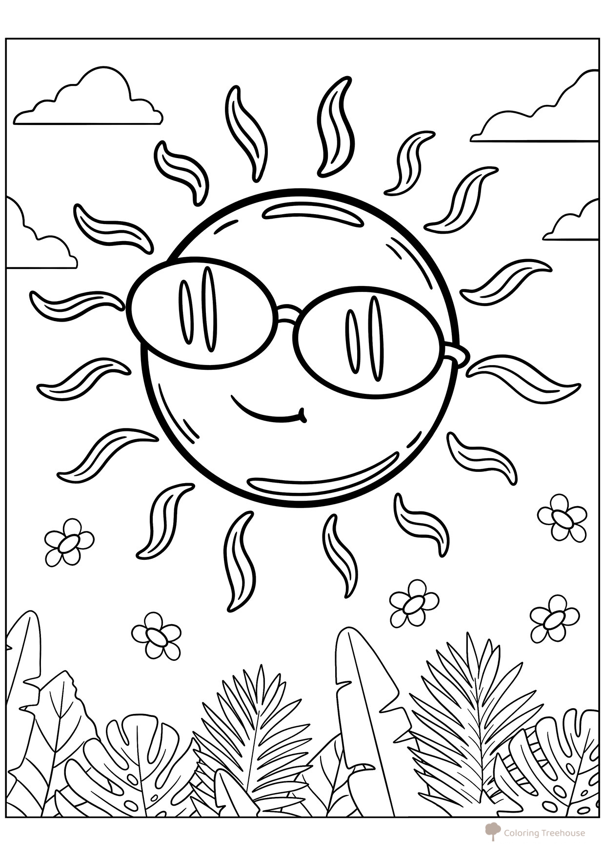 Página para colorear: Sol en gafas sobre la jungla dibujo para colorear gratis de Páginas para colorear del sol