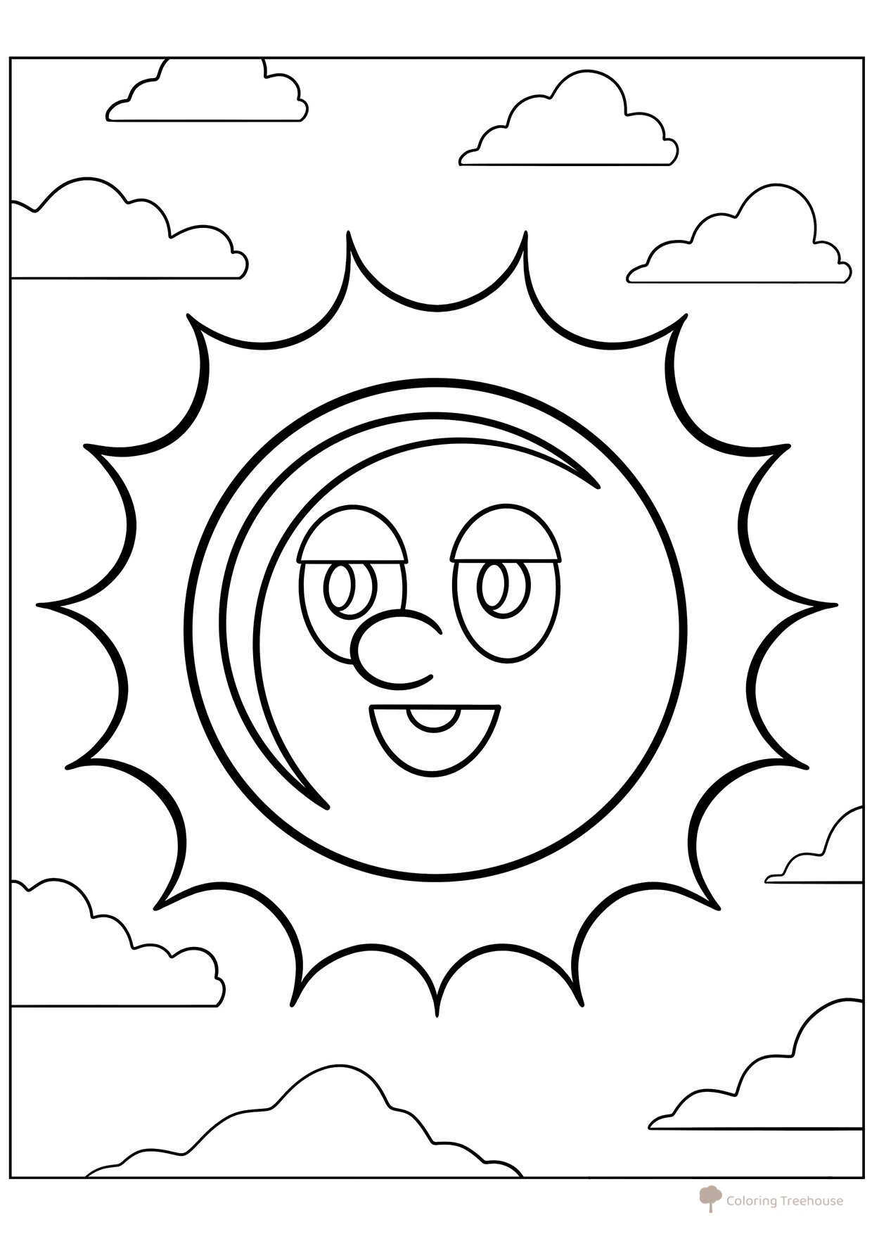 Smiling Sun in the Clouds Coloring Page free printable Sun Coloring Pages coloring page