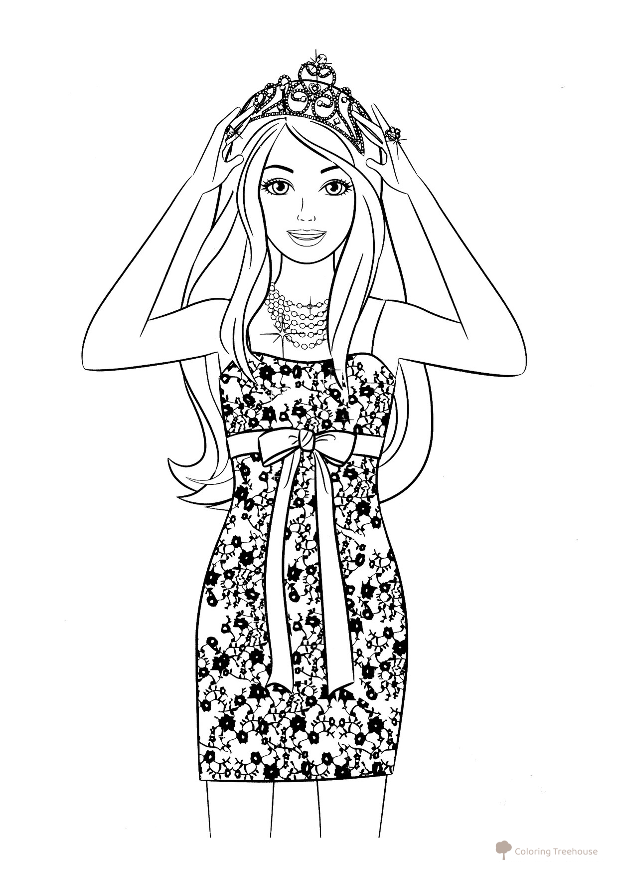 Página para colorear: Barbie con vestido elegante y corona dibujo para colorear gratis de Barbie Coloring Pages for Girls