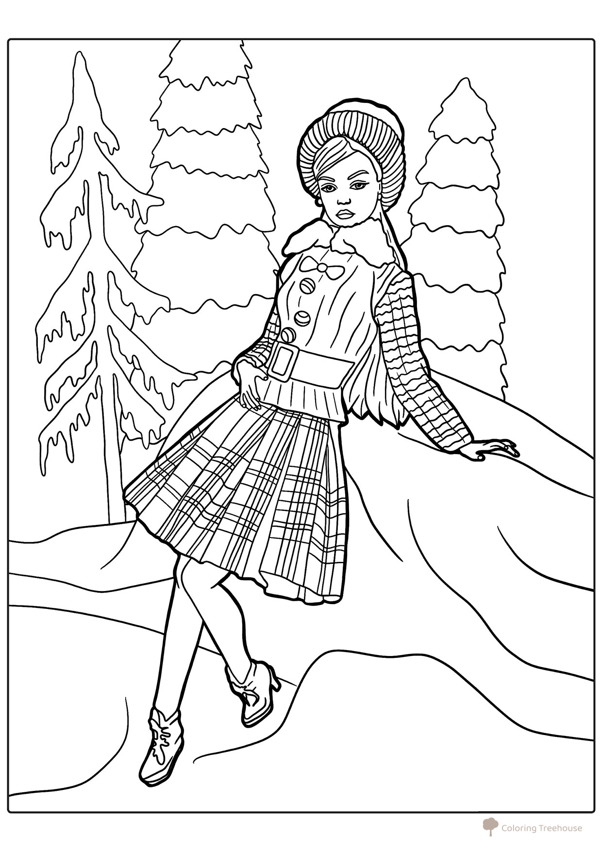 Barbie en traje de invierno - página para colorear dibujo para colorear gratis de Barbie Coloring Pages for Girls