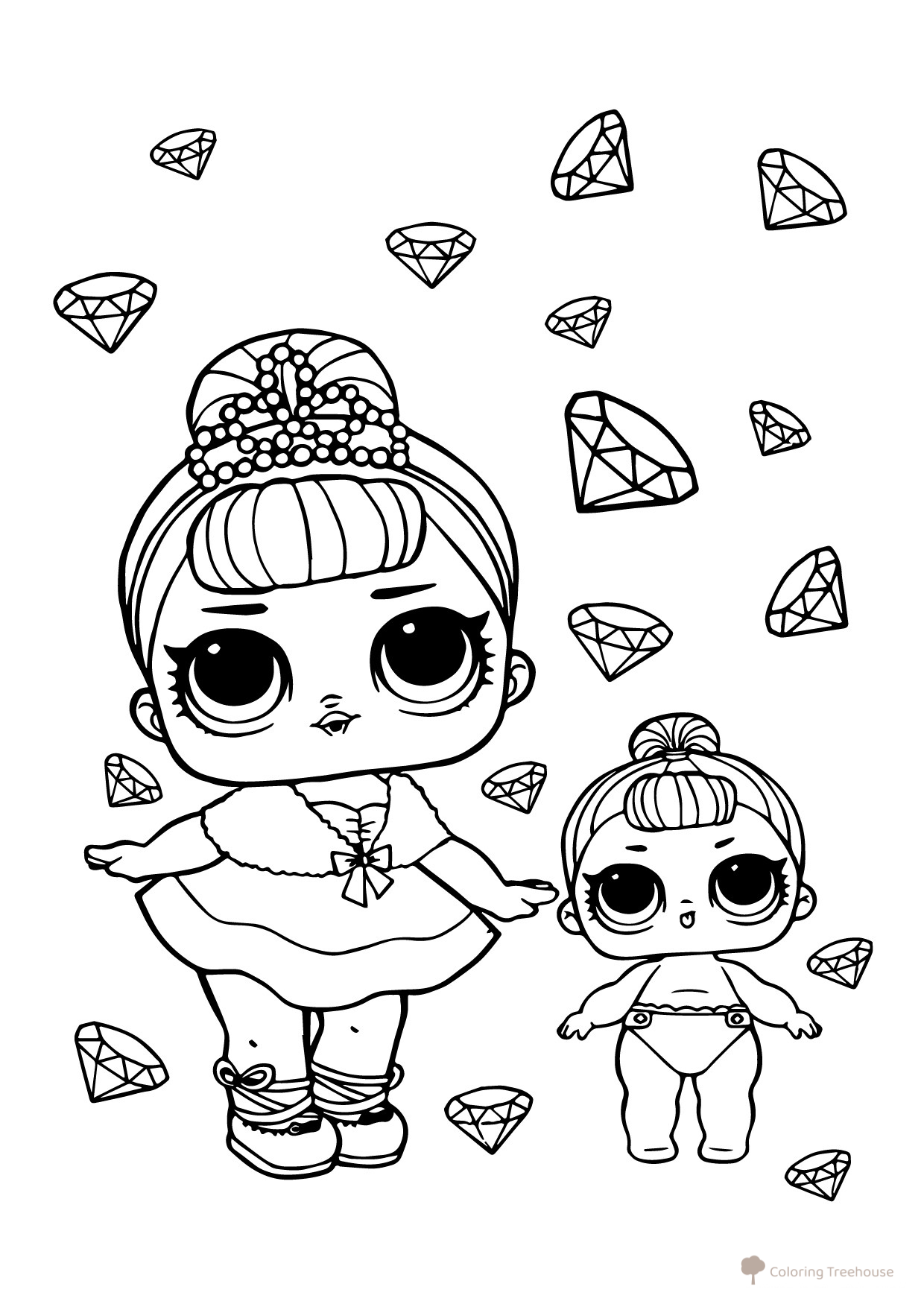 LOL Coloring Page: Baby and Sister Queen Kristal free printable LOL Surprise Lil Sisters Coloring Pages coloring page